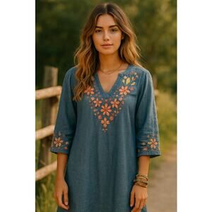 Parsley and Sage Chambray V neck Floral Heavy Embroidery Top Tunic XL